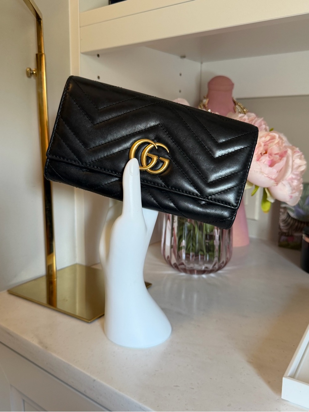 Gucci GG Marmont Black Quilted Leather Continental Wallet w Gold Double-G GORGE